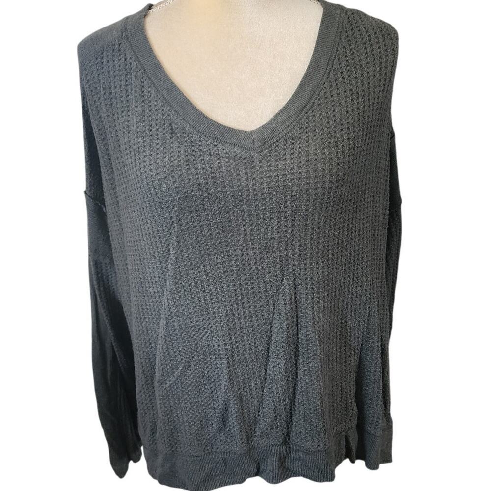 Democracy Long Sleeve Green V-Neck Waffle Size XL